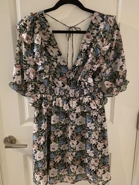 En Saison Floral V-Neck Mini Dress in Pink, Blue & Green